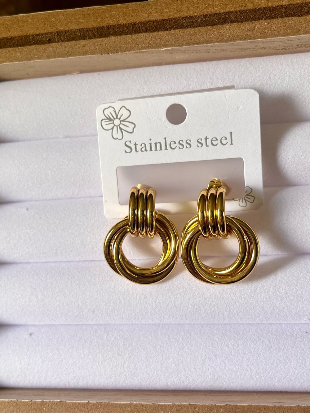 Stainless Steel Gold Double Hoop Drop Earrings